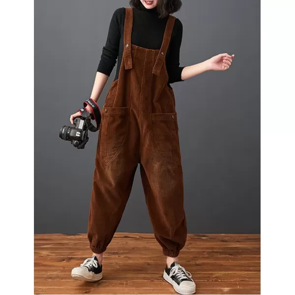 IDEALSANXUN Corduroy Overalls for Women Bib Streetwear Baggy Adjustable Straps Big Pocket Loose Fit Fall Winter JumpsuitCoffee