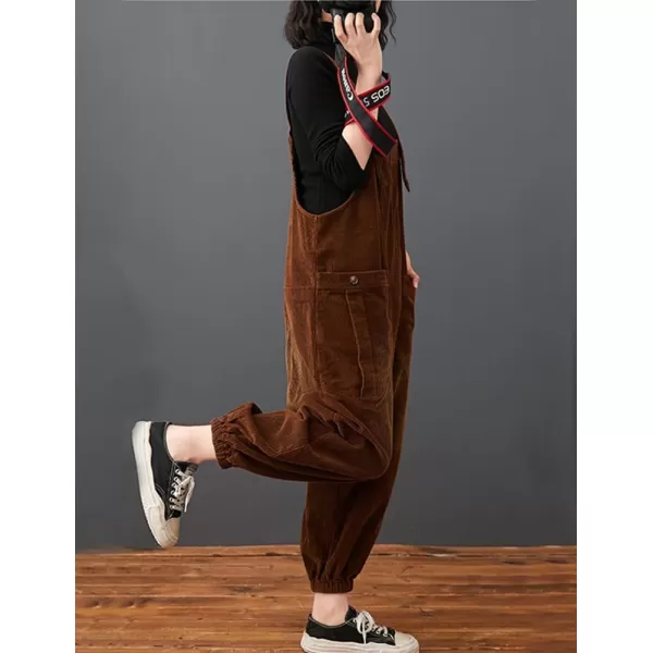 IDEALSANXUN Corduroy Overalls for Women Bib Streetwear Baggy Adjustable Straps Big Pocket Loose Fit Fall Winter JumpsuitCoffee