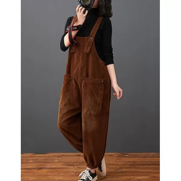 IDEALSANXUN Corduroy Overalls for Women Bib Streetwear Baggy Adjustable Straps Big Pocket Loose Fit Fall Winter JumpsuitCoffee