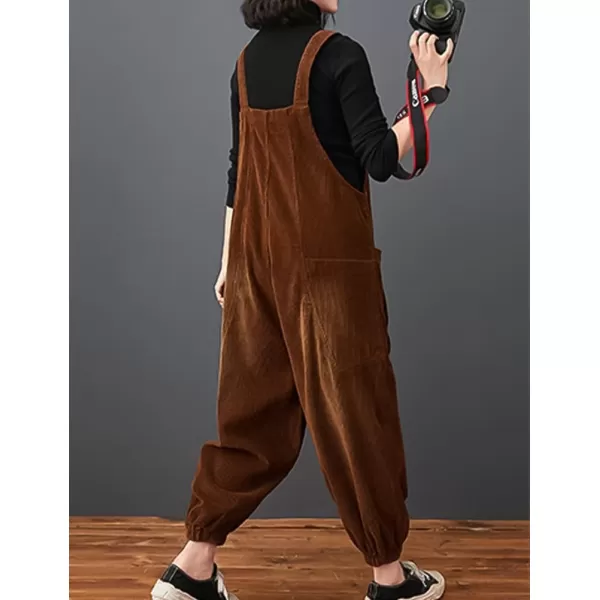 IDEALSANXUN Corduroy Overalls for Women Bib Streetwear Baggy Adjustable Straps Big Pocket Loose Fit Fall Winter JumpsuitCoffee