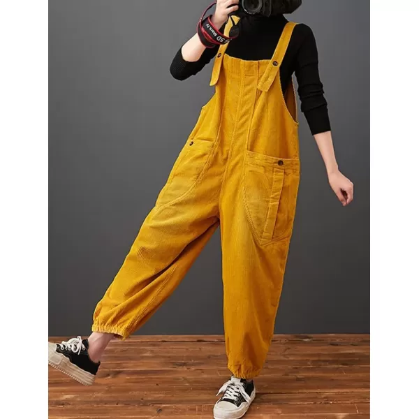 IDEALSANXUN Corduroy Overalls for Women Bib Streetwear Baggy Adjustable Straps Big Pocket Loose Fit Fall Winter JumpsuitYellow