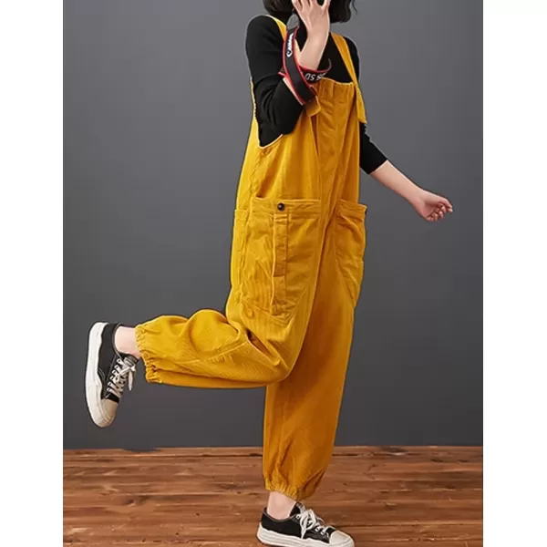 IDEALSANXUN Corduroy Overalls for Women Bib Streetwear Baggy Adjustable Straps Big Pocket Loose Fit Fall Winter JumpsuitYellow