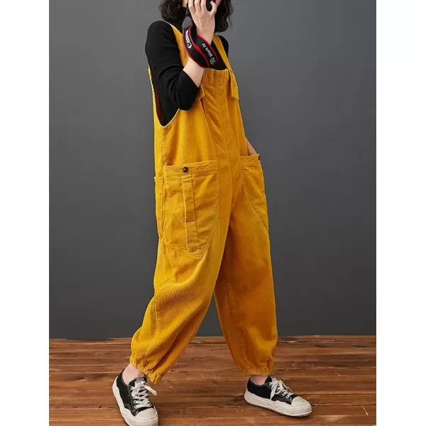 IDEALSANXUN Corduroy Overalls for Women Bib Streetwear Baggy Adjustable Straps Big Pocket Loose Fit Fall Winter JumpsuitYellow
