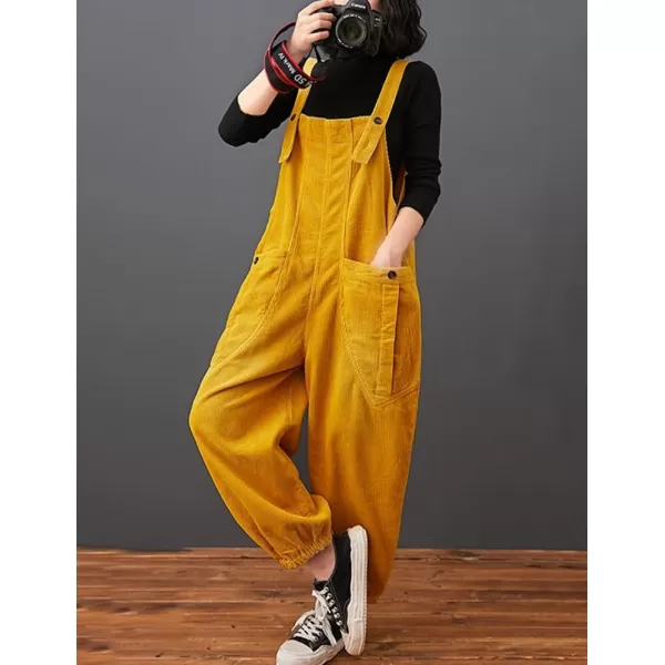 IDEALSANXUN Corduroy Overalls for Women Bib Streetwear Baggy Adjustable Straps Big Pocket Loose Fit Fall Winter JumpsuitYellow