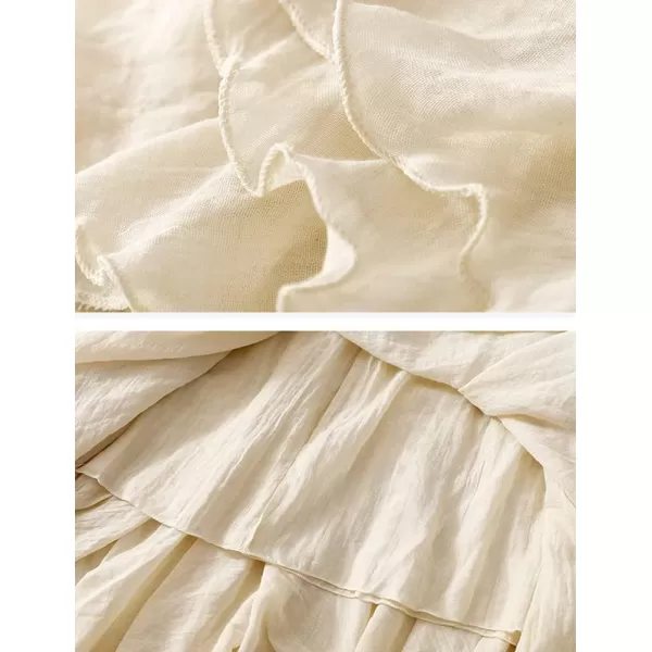 IDEALSANXUN Cotton Linen Skirts for Women Trendy High Waisted A Line Ruffle Flowy Fairy Boho Summer Pleated Midi SkirtApricot