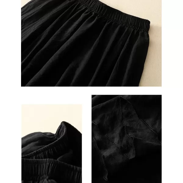 IDEALSANXUN Cotton Linen Skirts for Women Trendy High Waisted A Line Ruffle Flowy Fairy Boho Summer Pleated Midi SkirtBlack