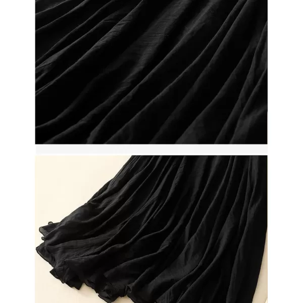 IDEALSANXUN Cotton Linen Skirts for Women Trendy High Waisted A Line Ruffle Flowy Fairy Boho Summer Pleated Midi SkirtBlack