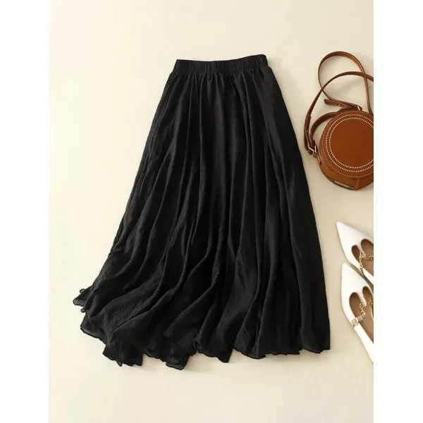 IDEALSANXUN Cotton Linen Skirts for Women Trendy High Waisted A Line Ruffle Flowy Fairy Boho Summer Pleated Midi SkirtBlack