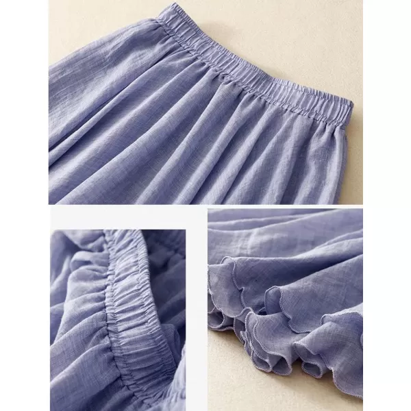 IDEALSANXUN Cotton Linen Skirts for Women Trendy High Waisted A Line Ruffle Flowy Fairy Boho Summer Pleated Midi SkirtBlue