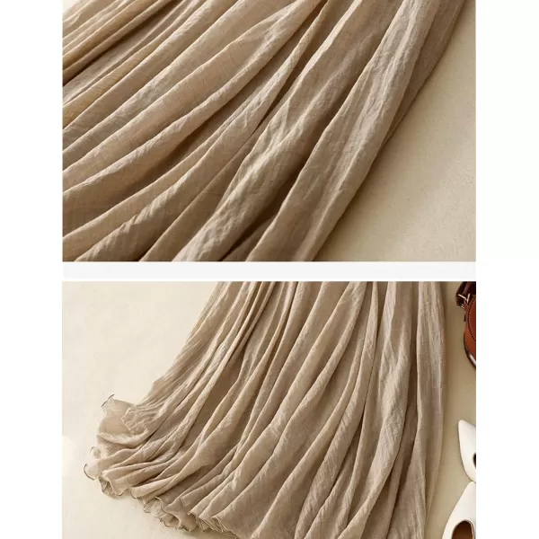 IDEALSANXUN Cotton Linen Skirts for Women Trendy High Waisted A Line Ruffle Flowy Fairy Boho Summer Pleated Midi SkirtKhaki