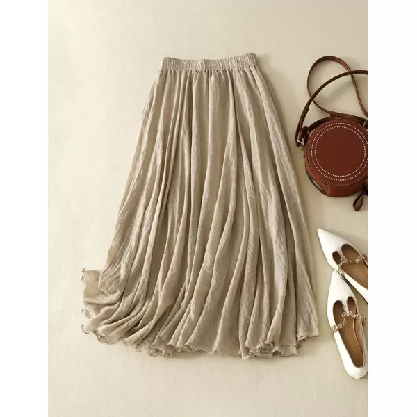 IDEALSANXUN Cotton Linen Skirts for Women Trendy High Waisted A Line Ruffle Flowy Fairy Boho Summer Pleated Midi SkirtKhaki