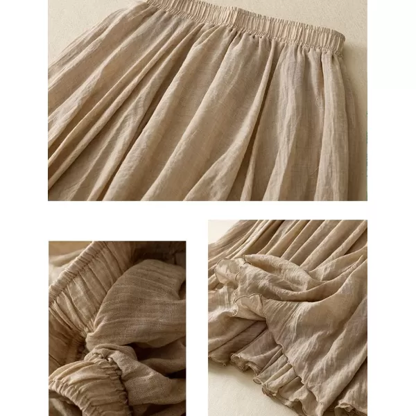 IDEALSANXUN Cotton Linen Skirts for Women Trendy High Waisted A Line Ruffle Flowy Fairy Boho Summer Pleated Midi SkirtKhaki