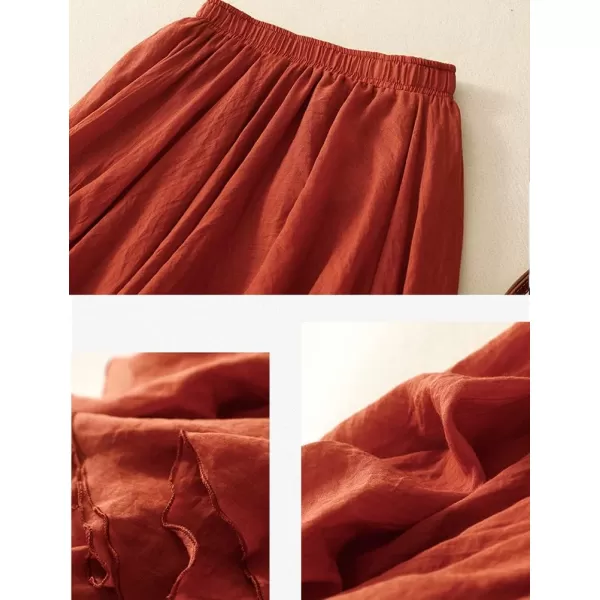 IDEALSANXUN Cotton Linen Skirts for Women Trendy High Waisted A Line Ruffle Flowy Fairy Boho Summer Pleated Midi SkirtRed
