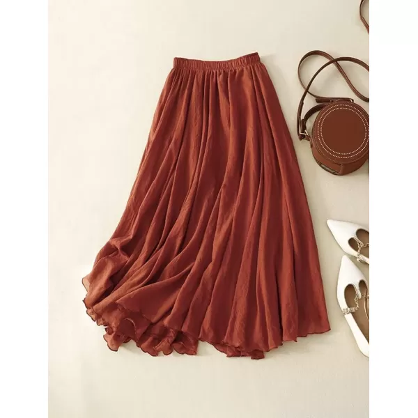 IDEALSANXUN Cotton Linen Skirts for Women Trendy High Waisted A Line Ruffle Flowy Fairy Boho Summer Pleated Midi SkirtRed