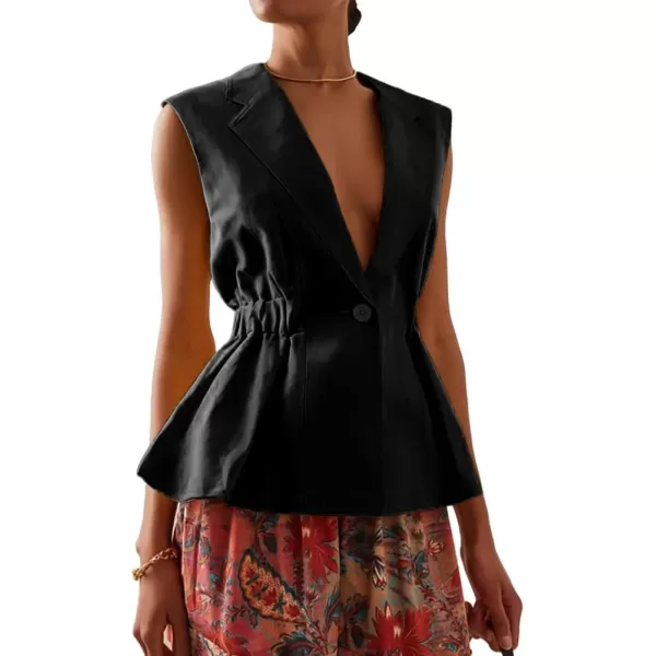 IDEALSANXUN Cotton Linen Vests for Women Fashion Dressy Casual Summer Sleeveless Blazers Lightweight Jacket Outerwear VestsBlack
