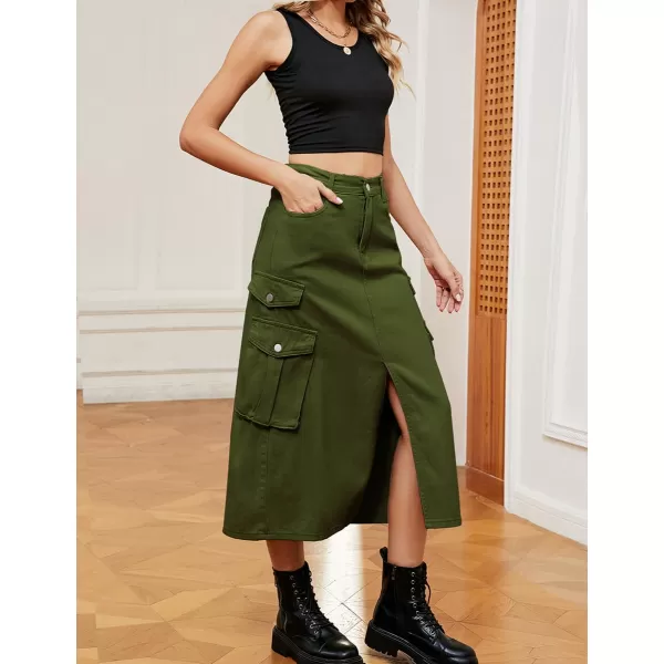 IDEALSANXUN Denim Cargo Long Skirt for Women 2023 High Waisted Elastic Y2K Pencil Maxi Jean Skirts with Front SlitArmy Green