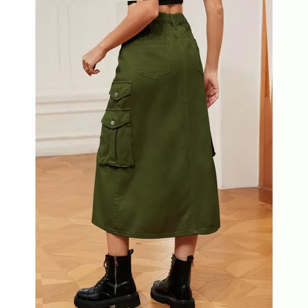 IDEALSANXUN Denim Cargo Long Skirt for Women 2023 High Waisted Elastic Y2K Pencil Maxi Jean Skirts with Front SlitArmy Green