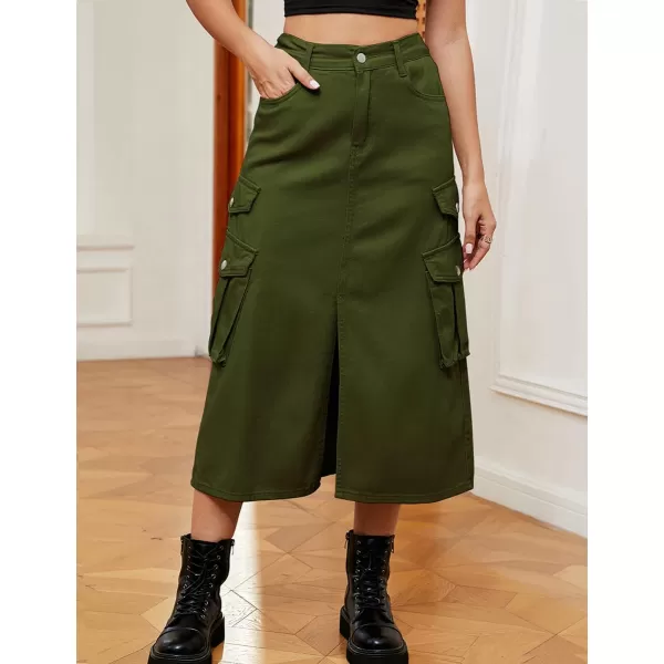 IDEALSANXUN Denim Cargo Long Skirt for Women 2023 High Waisted Elastic Y2K Pencil Maxi Jean Skirts with Front SlitArmy Green