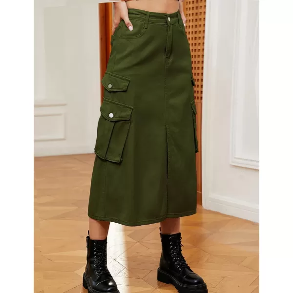 IDEALSANXUN Denim Cargo Long Skirt for Women 2023 High Waisted Elastic Y2K Pencil Maxi Jean Skirts with Front SlitArmy Green