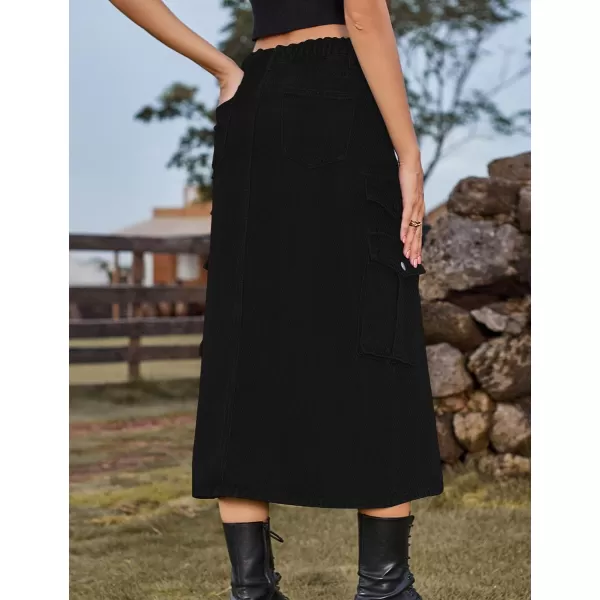 IDEALSANXUN Denim Cargo Long Skirt for Women 2023 High Waisted Elastic Y2K Pencil Maxi Jean Skirts with Front SlitBlack