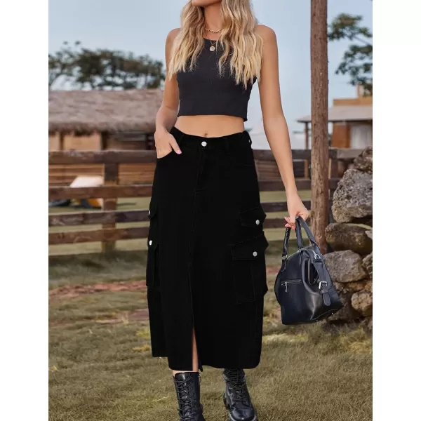 IDEALSANXUN Denim Cargo Long Skirt for Women 2023 High Waisted Elastic Y2K Pencil Maxi Jean Skirts with Front SlitBlack