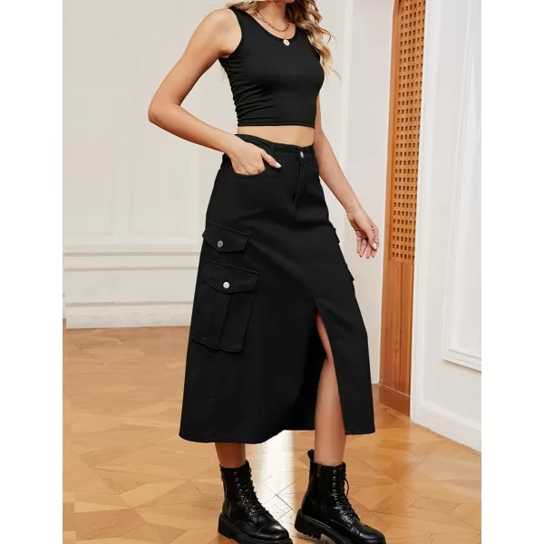 IDEALSANXUN Denim Cargo Long Skirt for Women 2023 High Waisted Elastic Y2K Pencil Maxi Jean Skirts with Front SlitBlack