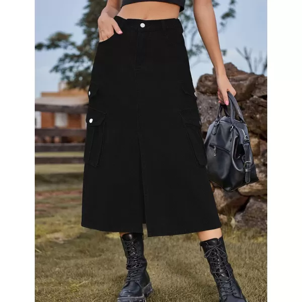IDEALSANXUN Denim Cargo Long Skirt for Women 2023 High Waisted Elastic Y2K Pencil Maxi Jean Skirts with Front SlitBlack
