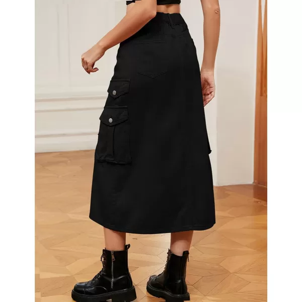 IDEALSANXUN Denim Cargo Long Skirt for Women 2023 High Waisted Elastic Y2K Pencil Maxi Jean Skirts with Front SlitBlack