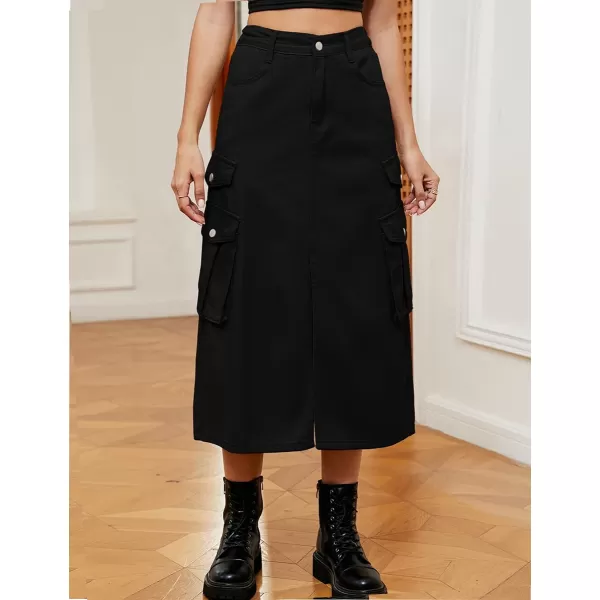IDEALSANXUN Denim Cargo Long Skirt for Women 2023 High Waisted Elastic Y2K Pencil Maxi Jean Skirts with Front SlitBlack