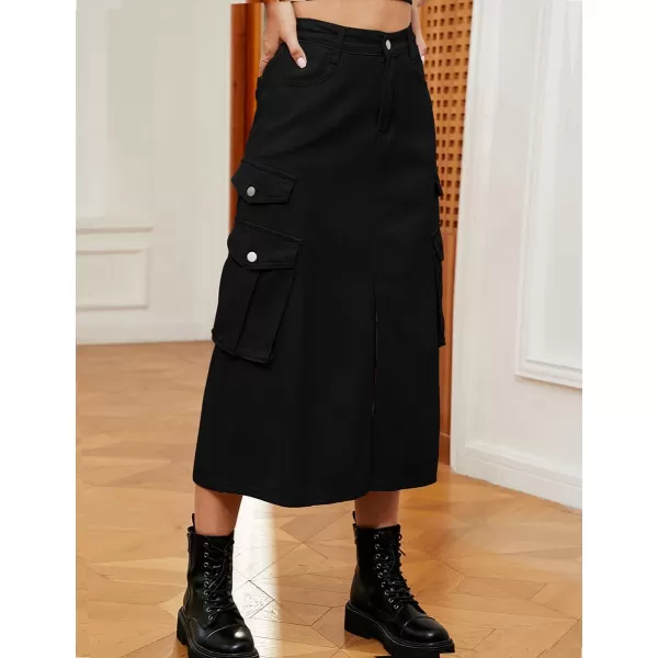 IDEALSANXUN Denim Cargo Long Skirt for Women 2023 High Waisted Elastic Y2K Pencil Maxi Jean Skirts with Front SlitBlack