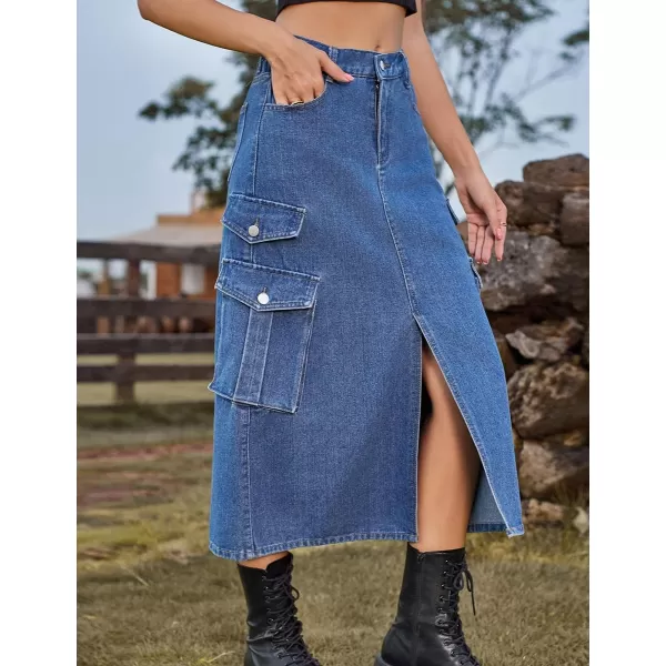 IDEALSANXUN Denim Cargo Long Skirt for Women 2023 High Waisted Elastic Y2K Pencil Maxi Jean Skirts with Front SlitBlue