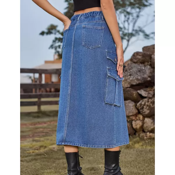 IDEALSANXUN Denim Cargo Long Skirt for Women 2023 High Waisted Elastic Y2K Pencil Maxi Jean Skirts with Front SlitBlue