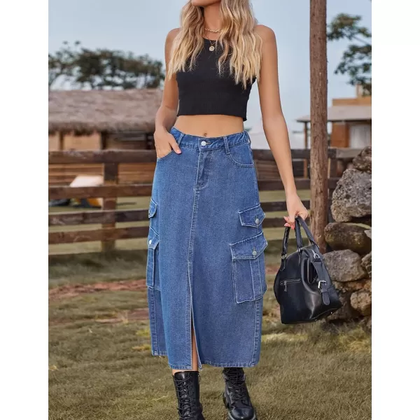 IDEALSANXUN Denim Cargo Long Skirt for Women 2023 High Waisted Elastic Y2K Pencil Maxi Jean Skirts with Front SlitBlue