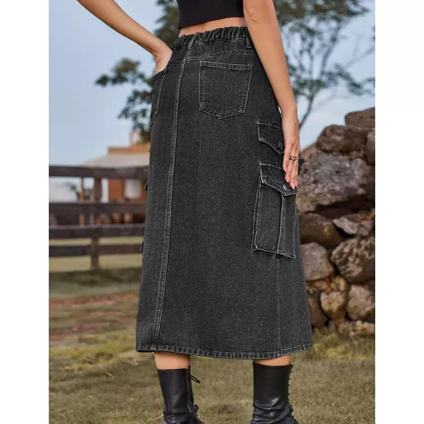 IDEALSANXUN Denim Cargo Long Skirt for Women 2023 High Waisted Elastic Y2K Pencil Maxi Jean Skirts with Front SlitGrey