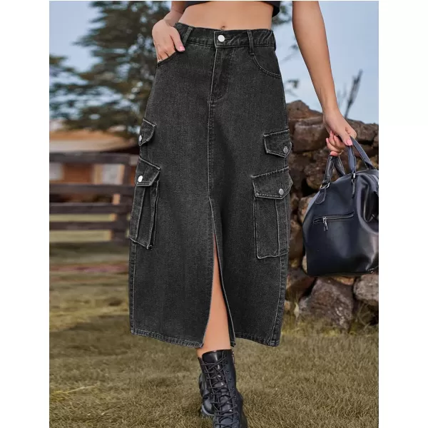 IDEALSANXUN Denim Cargo Long Skirt for Women 2023 High Waisted Elastic Y2K Pencil Maxi Jean Skirts with Front SlitGrey