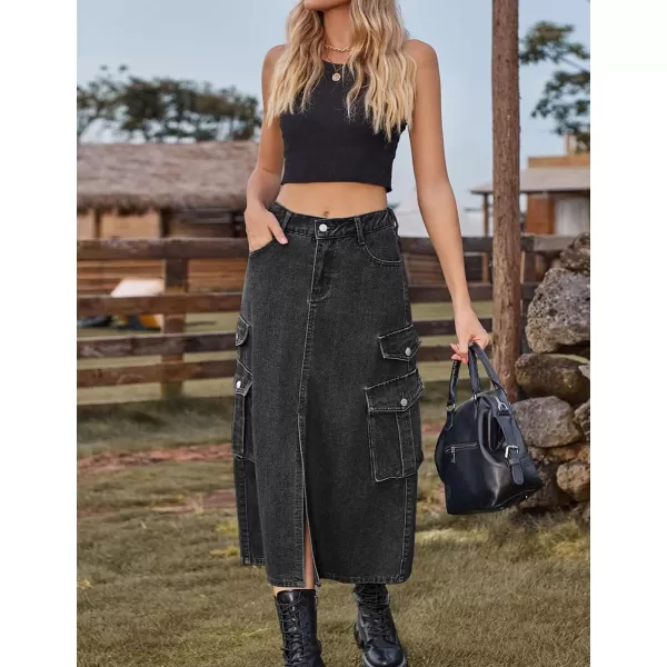 IDEALSANXUN Denim Cargo Long Skirt for Women 2023 High Waisted Elastic Y2K Pencil Maxi Jean Skirts with Front SlitGrey