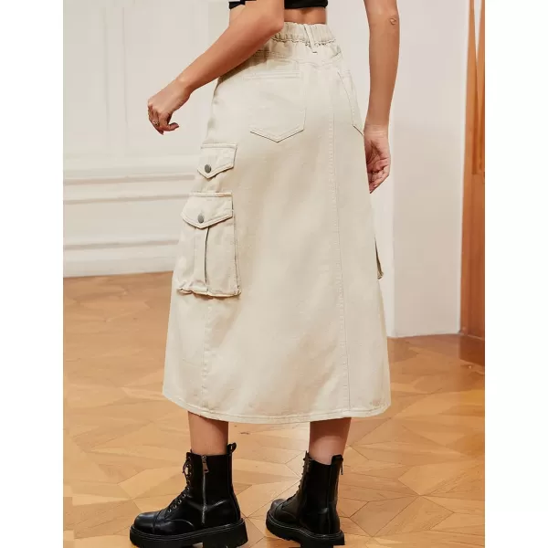 IDEALSANXUN Denim Cargo Long Skirt for Women 2023 High Waisted Elastic Y2K Pencil Maxi Jean Skirts with Front SlitKhaki