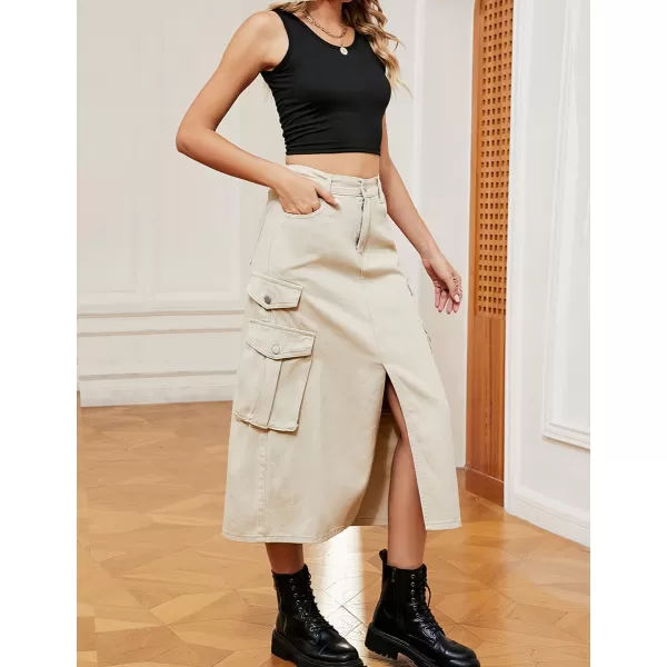 IDEALSANXUN Denim Cargo Long Skirt for Women 2023 High Waisted Elastic Y2K Pencil Maxi Jean Skirts with Front SlitKhaki