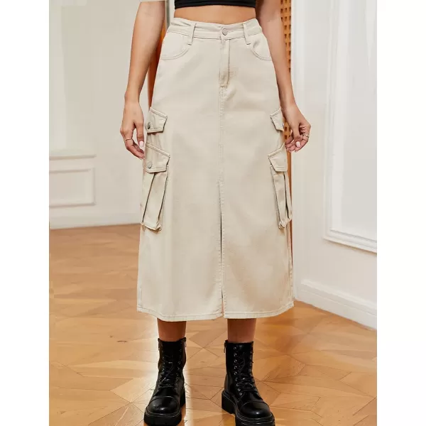 IDEALSANXUN Denim Cargo Long Skirt for Women 2023 High Waisted Elastic Y2K Pencil Maxi Jean Skirts with Front SlitKhaki