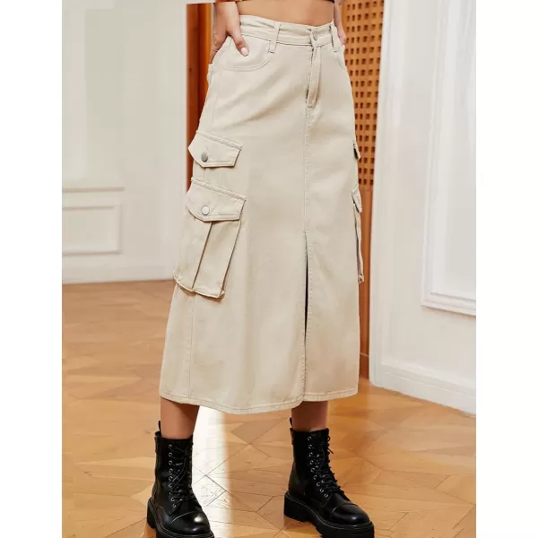 IDEALSANXUN Denim Cargo Long Skirt for Women 2023 High Waisted Elastic Y2K Pencil Maxi Jean Skirts with Front SlitKhaki