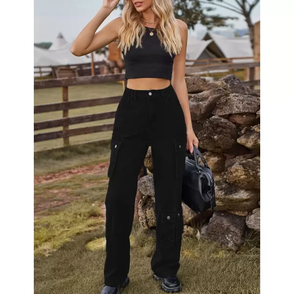 IDEALSANXUN Denim Cargo Pants for Women 2023 High Waisted Y2K Straight Leg Jeans Trousers with Flap PocketBlack