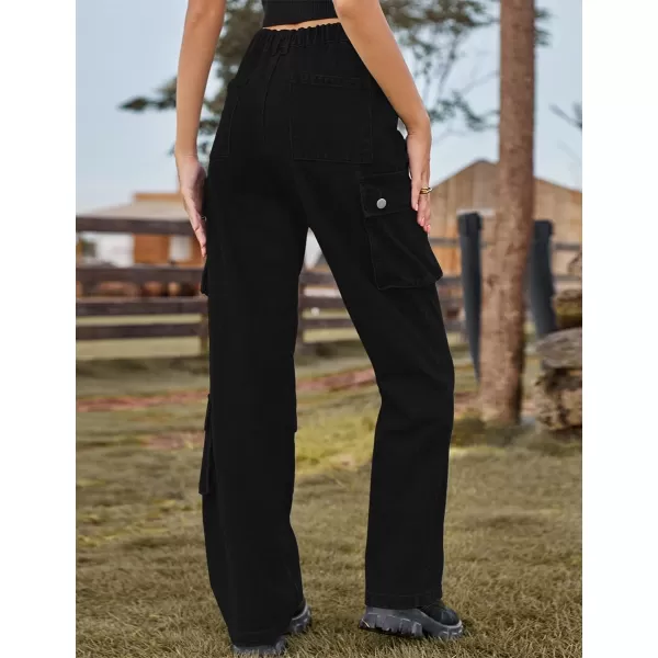 IDEALSANXUN Denim Cargo Pants for Women 2023 High Waisted Y2K Straight Leg Jeans Trousers with Flap PocketBlack