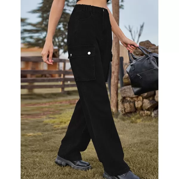IDEALSANXUN Denim Cargo Pants for Women 2023 High Waisted Y2K Straight Leg Jeans Trousers with Flap PocketBlack