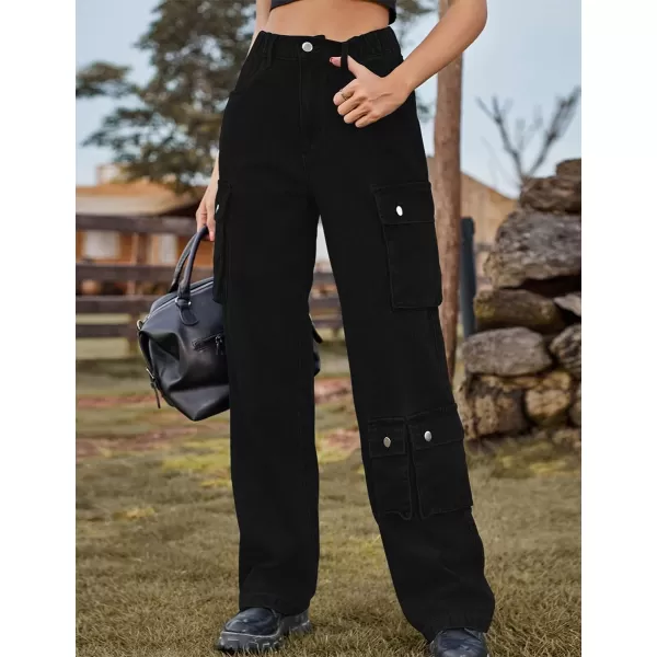 IDEALSANXUN Denim Cargo Pants for Women 2023 High Waisted Y2K Straight Leg Jeans Trousers with Flap PocketBlack