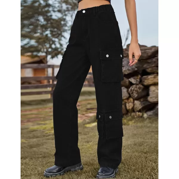 IDEALSANXUN Denim Cargo Pants for Women 2023 High Waisted Y2K Straight Leg Jeans Trousers with Flap PocketBlack