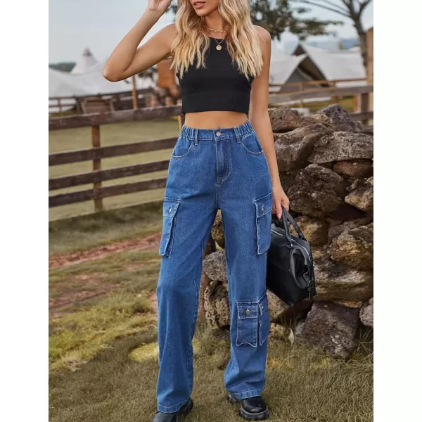 IDEALSANXUN Denim Cargo Pants for Women 2023 High Waisted Y2K Straight Leg Jeans Trousers with Flap PocketDark Blue