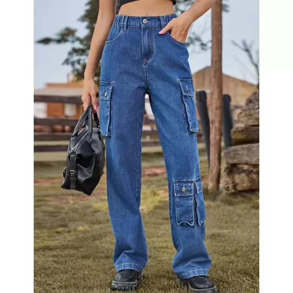 IDEALSANXUN Denim Cargo Pants for Women 2023 High Waisted Y2K Straight Leg Jeans Trousers with Flap PocketDark Blue