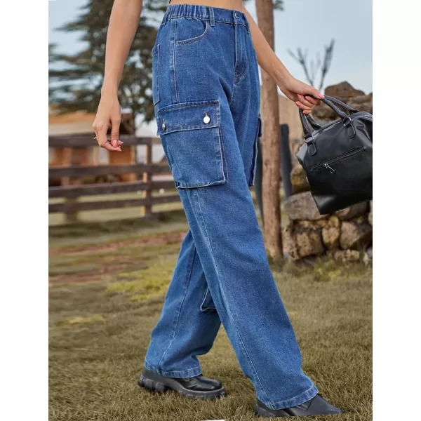 IDEALSANXUN Denim Cargo Pants for Women 2023 High Waisted Y2K Straight Leg Jeans Trousers with Flap PocketDark Blue