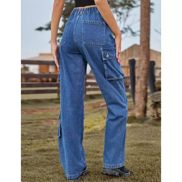 IDEALSANXUN Denim Cargo Pants for Women 2023 High Waisted Y2K Straight Leg Jeans Trousers with Flap PocketDark Blue