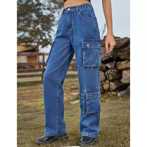 IDEALSANXUN Denim Cargo Pants for Women 2023 High Waisted Y2K Straight Leg Jeans Trousers with Flap PocketDark Blue